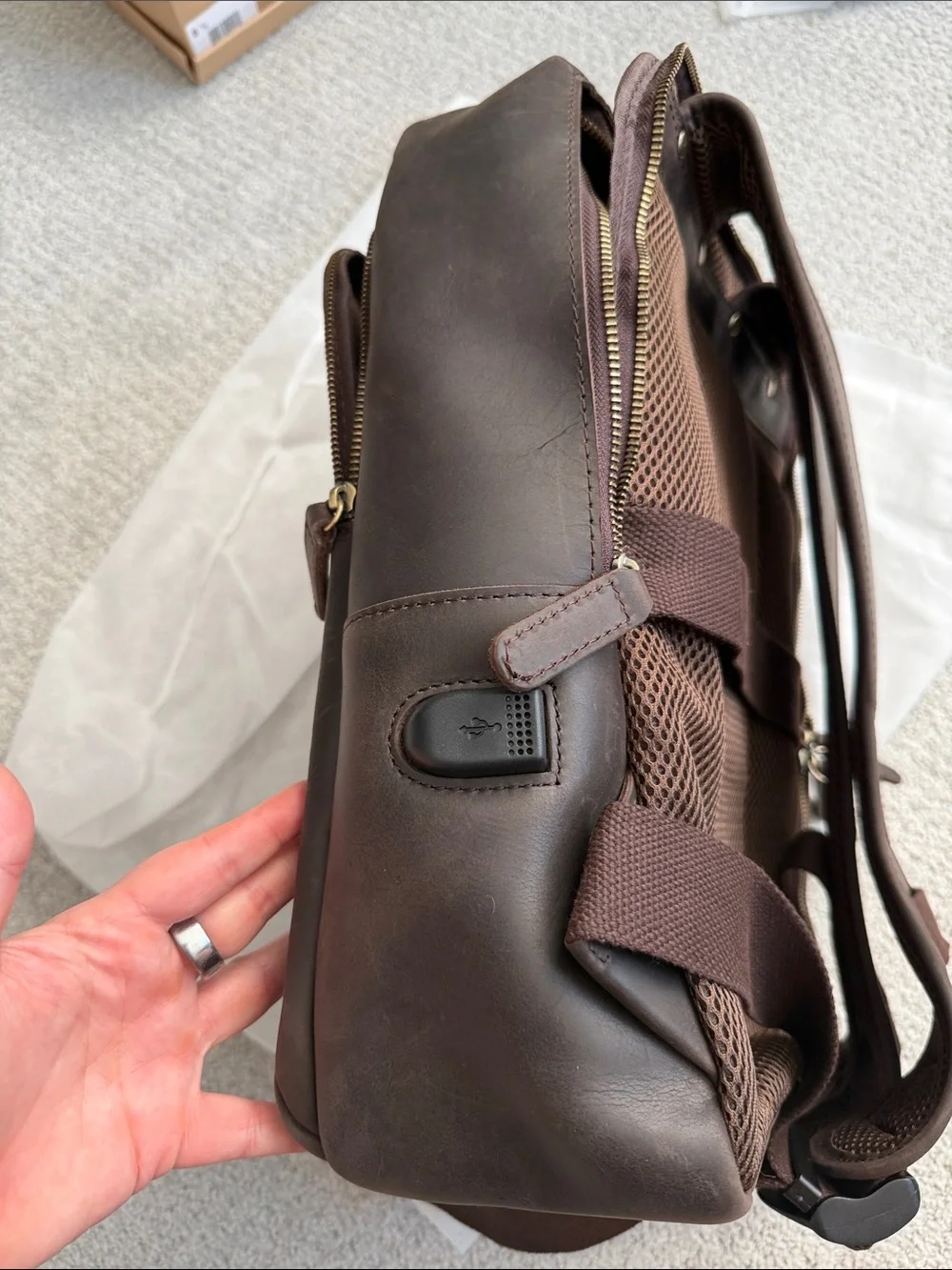 Men's Brown Leather Laptop Backpack with Front Zip Pocket